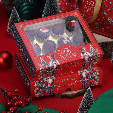 Caja de 12 cavidades para brigadeiros navideños con tapa transparente, temática Cascanueces (paquete de 10)